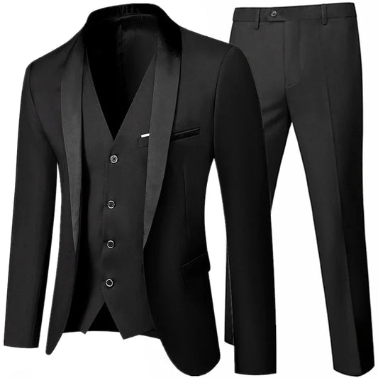 Black Men Autumn Wedding Party Three Pieces Set Large Size 5XL 6XL Male Blazer Coat Pants and Vest Fashion Slim Fit Suit