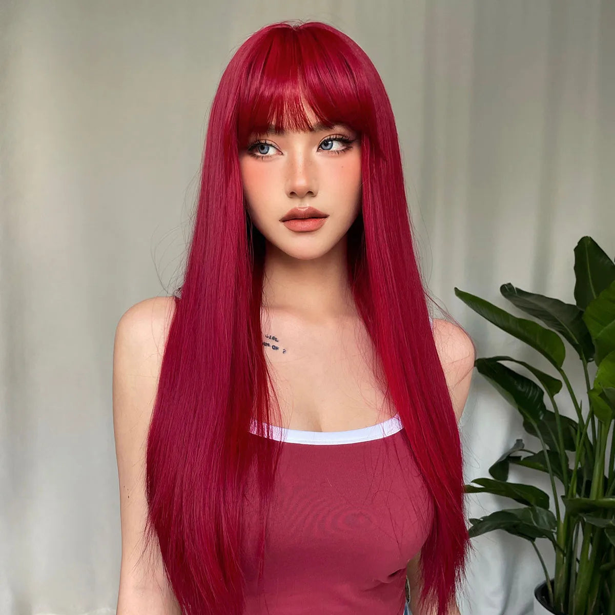Light Wine Red Synthetic Wigs With Bangs for Women, Long Straight Hair Wig, Natural Cosplay Party, Heat Resistant