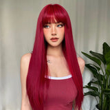 Light Wine Red Synthetic Wigs With Bangs for Women, Long Straight Hair Wig, Natural Cosplay Party, Heat Resistant