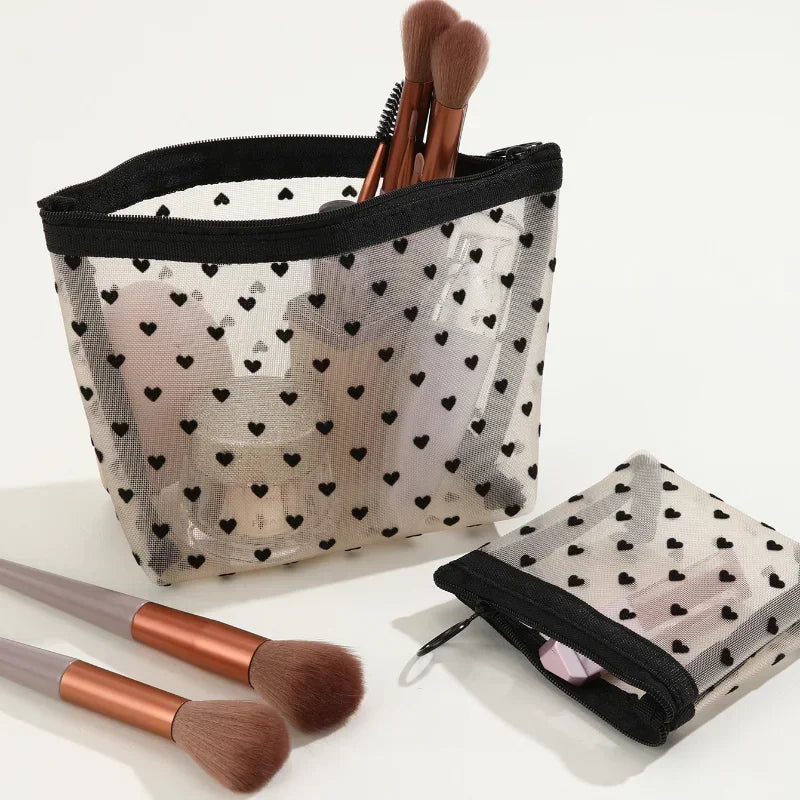 Heart-Shaped Nylon Mesh Cosmetic Bag Portable Toiletry Organizer for Women Makeup Storage
