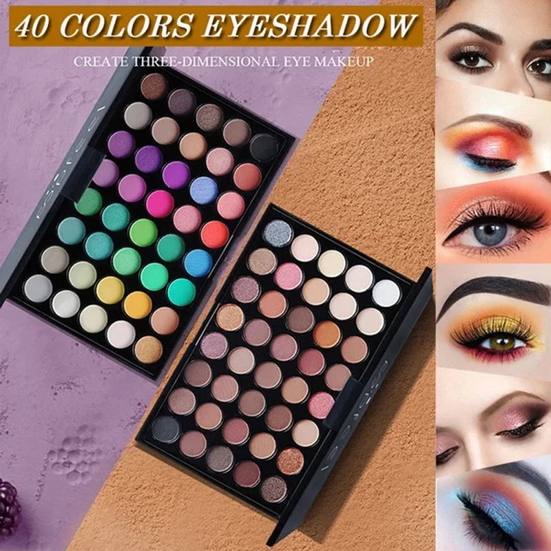 Paleta de Sombras Glitter para Mulheres Matte, Impermeável, Duradoura, Pó Prensado, Kit Maquiagem dos Olhos, Cosméticos de Moda, 40 Cores