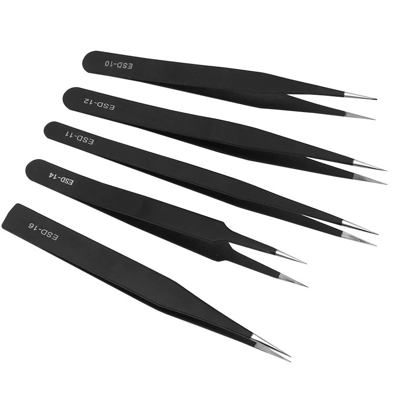 6 pinzas antiestáticas de acero inoxidable para mantenimiento de precisión, reparación industrial, modelismo curvo, herramienta manual.
