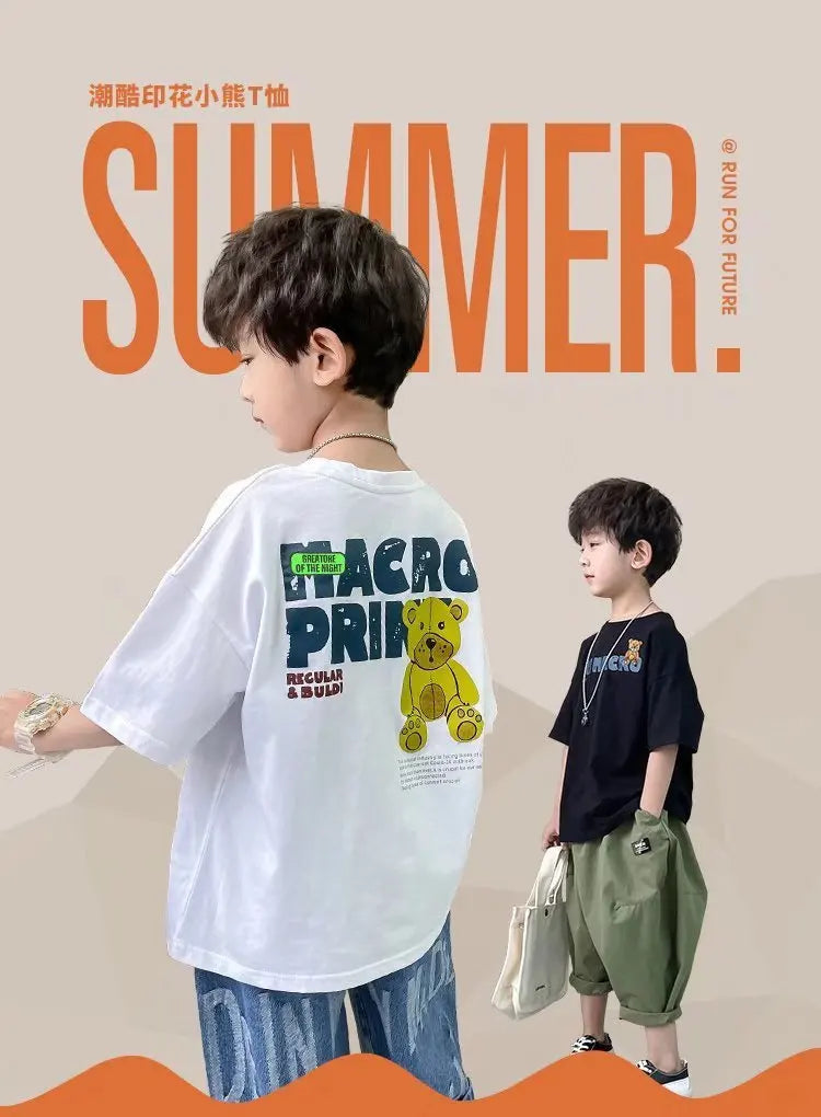 Camiseta de manga corta de verano para niños, Top de cuello redondo para niños pequeños y medianos, moda informal versátil de media manga