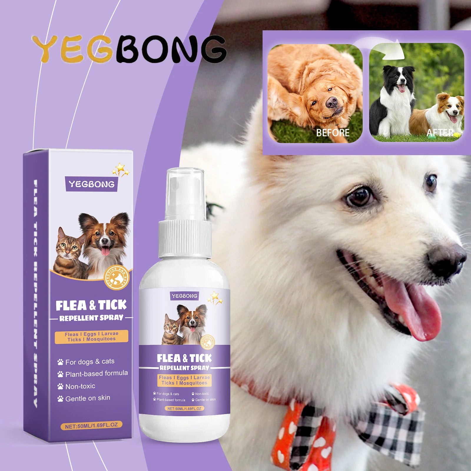 YEGBONG 50ml Flea Tick Prevention Spray for Dogs and Cats Fast-Acting Waterproof Outdoor Protection with Natural Essential Oils