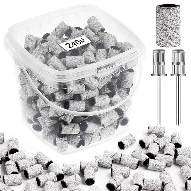 200pcs nail art Sanding Bands 80 120 180 240 Grit with 2Pcs Nail Drill Bits for Manicures and Pedicure accessories