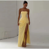 Sexy Solid Pleated Strapless Dress Lady Chic Off-shoulder Backless High Waist Split Dresses Women 2026 New Evening Party Gown