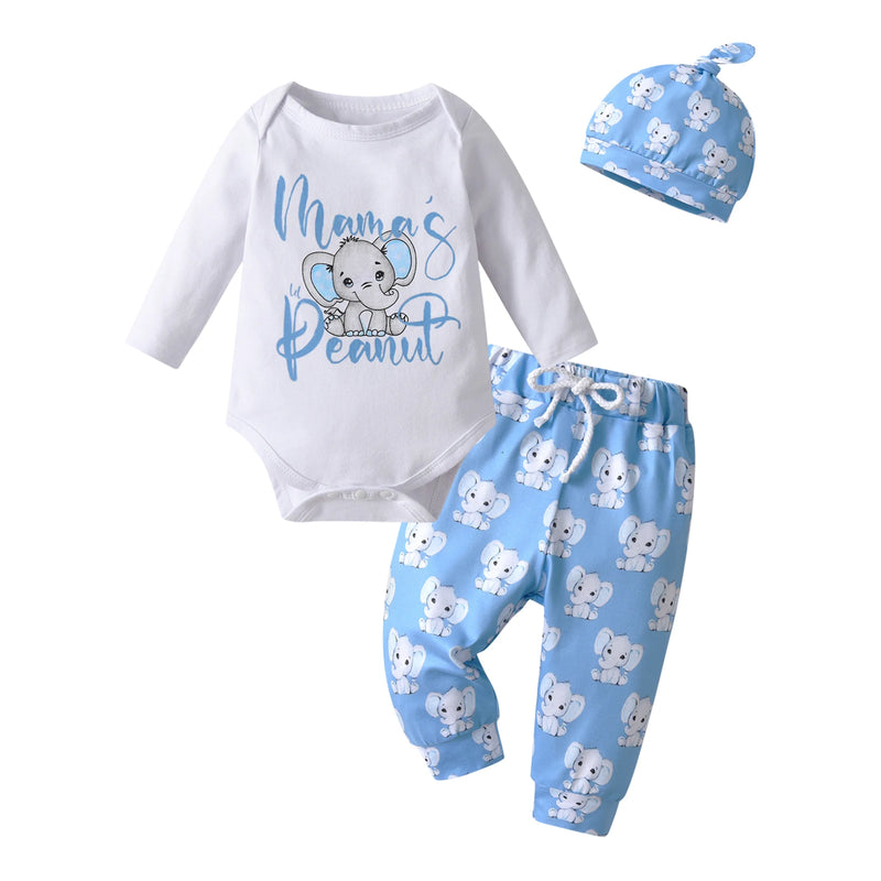 Newborn Baby Boy Baby Elephant Clothes Set Long Sleeve Romper Bodysuit Top and Pants with Hat Spring Autumn Cute Outfit for Boys