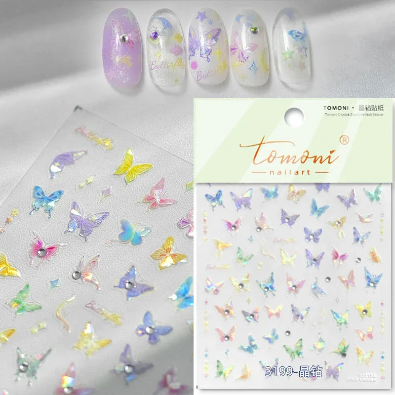 Colorful Pink Gradual Moon Star Cloud Butterfly Rhinestone 5D Soft Embossed Relief Nail Art Sticker 3D Decal Decoration Manicure