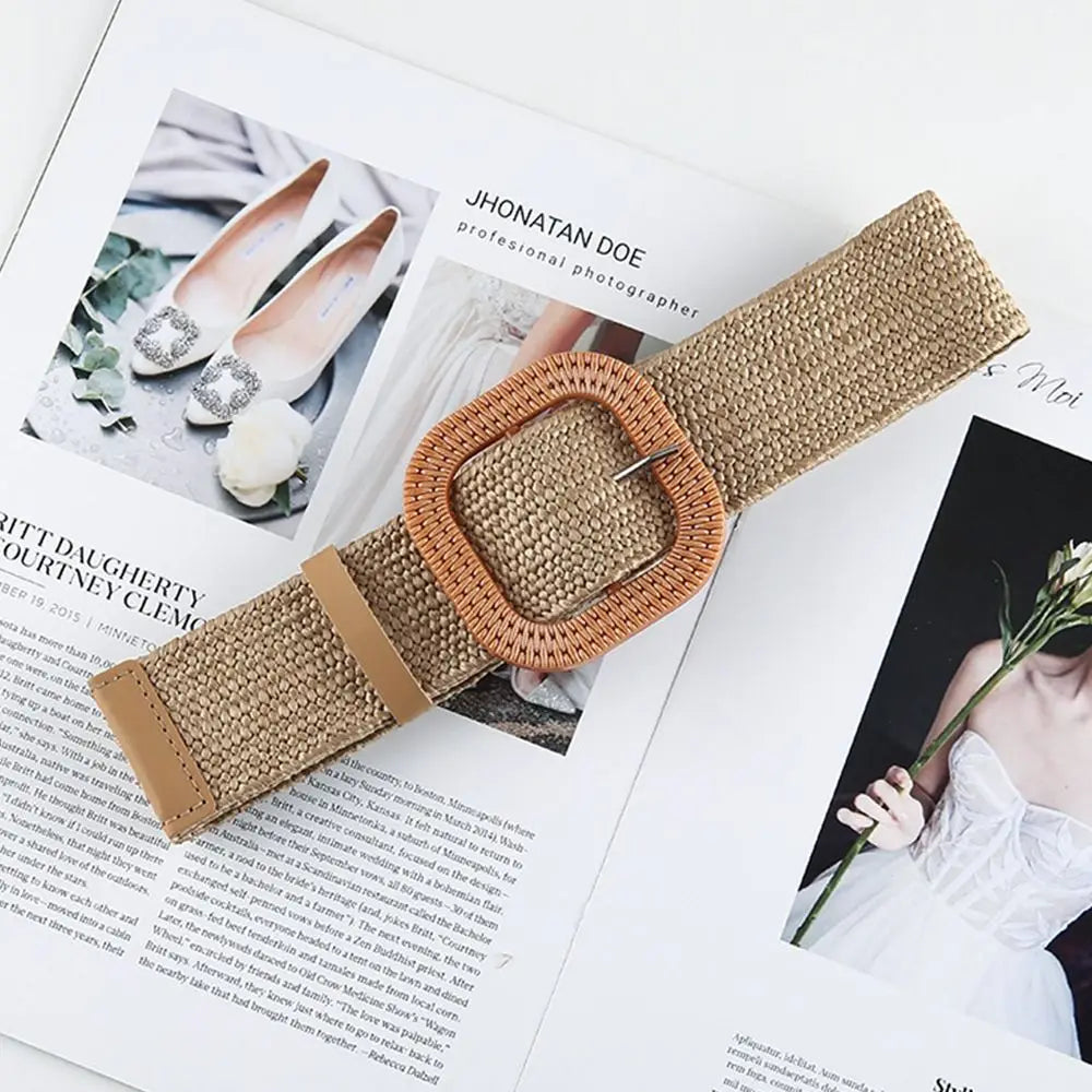 Fashion Women PP Straw Belt Bohemian Wide Elastic Waist Belt Braided Waistbelt Summer Casual Cloth Waistbelt Apparel Accessories