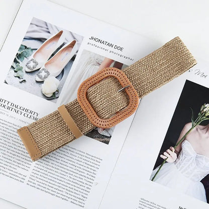 Fashion Women PP Straw Belt Bohemian Wide Elastic Waist Belt Braided Waistbelt Summer Casual Cloth Waistbelt Apparel Accessories