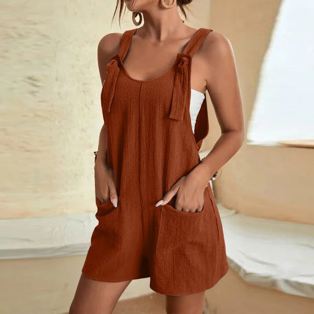 2024 Women Summer Casual Short Jumpsuit Loose Romper Sleeveless Knot Strap Jumpsuit with Pockets 