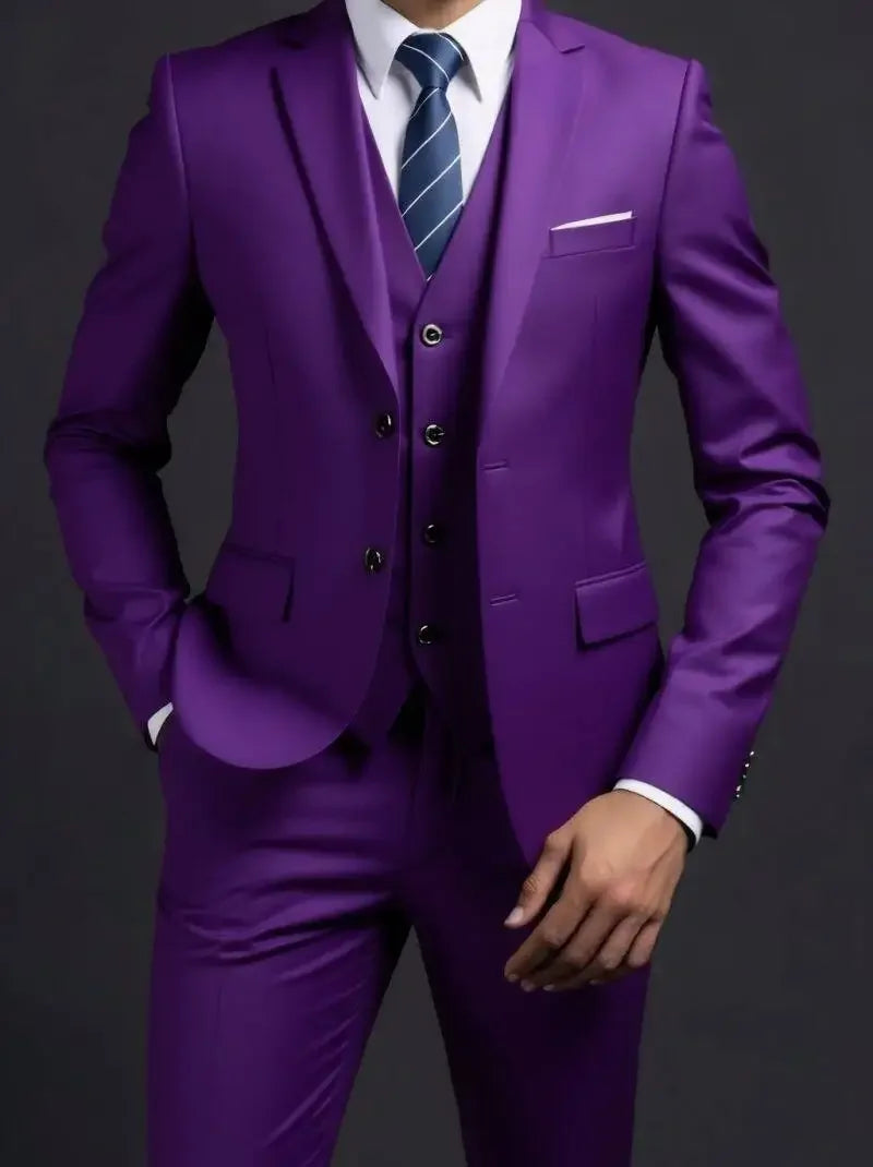 Men's Fashionable Gentleman Business British Style Solid Color Banquet Host Casual Wedding Suit (Blazer + Vest + Trousers)
