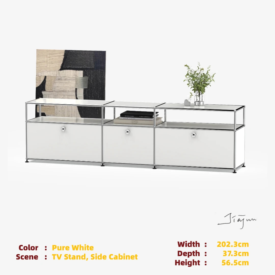 Modern Modular Low TV Cabinet｜3-Tier Sideboard with Drop Doors｜Steel Frame Storage Bench Unit | Minimalist Low Media Console