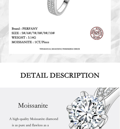 PERFANY 0.5-2CT Moissanite Ring for Women S925 Pure Silver Laboratory GRA Certified Diamond Wedding Luxury Jewelry