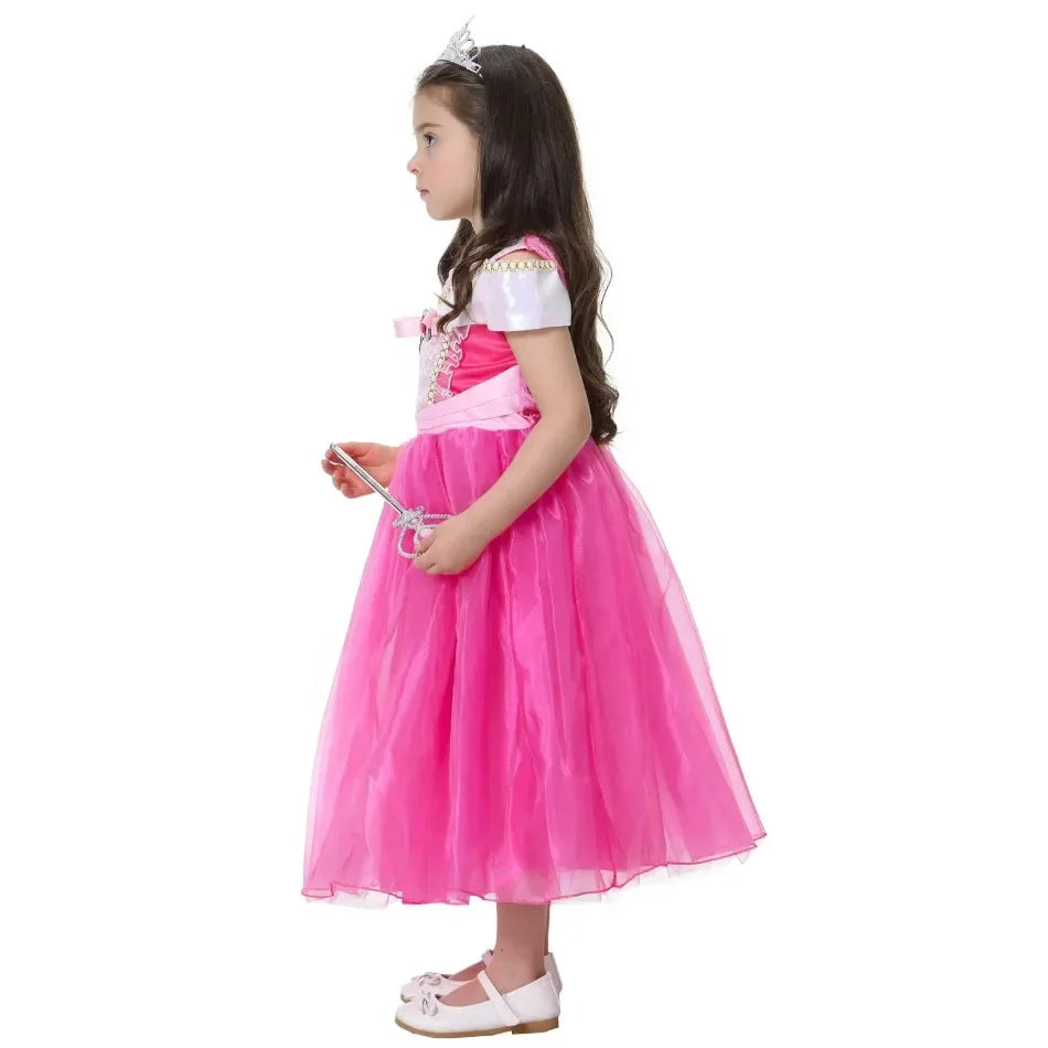 Girl Pink Dress Aurora Cosplay Costume Princess Deluxe Outfit Children Summer Brthday Party Elegant Gown Fairy Disguise Sets