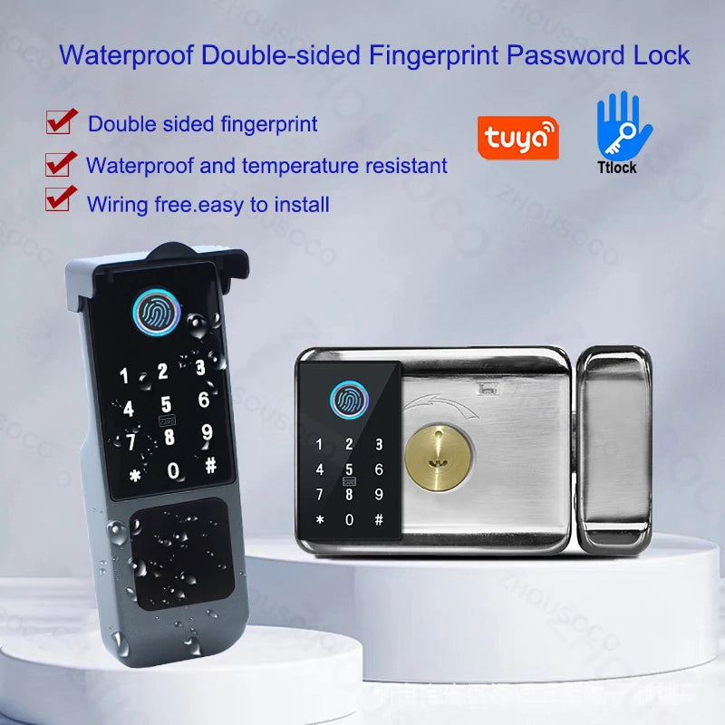 Tuya WIFI Double Side Fingerprint Lock Waterproof Outdoor Gate Passcode Rfid Card Keyless Smart Door Lock