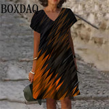 Plus Size 6XL Women's Fashion Geometric Pattern Print Short Dress Summer Casual V-Neck Short Sleeve Elegant Loose Mini Dresses