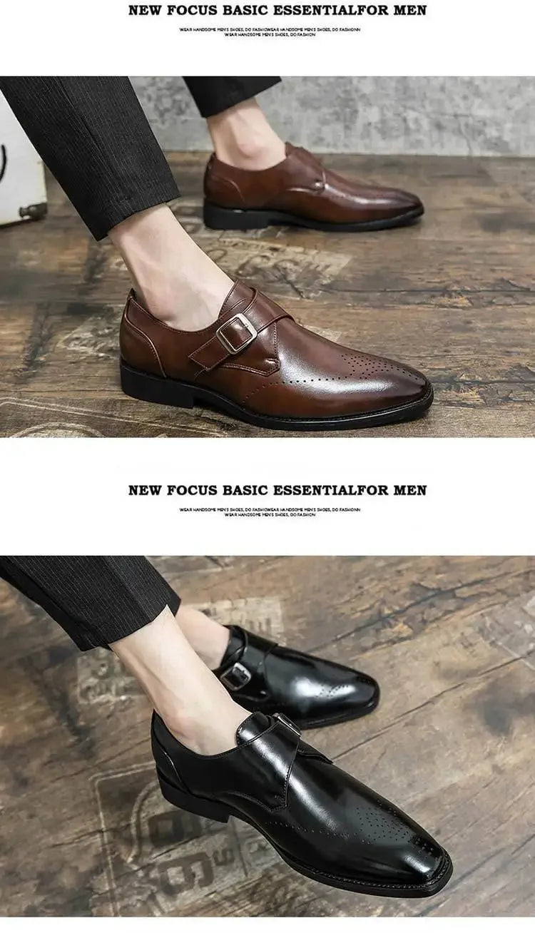 Large Size 48 Men's Leather Shoes with Buckle, Block Carving, Slip-On, Square Toe, Board Shoes, Trendy Adult Footwear