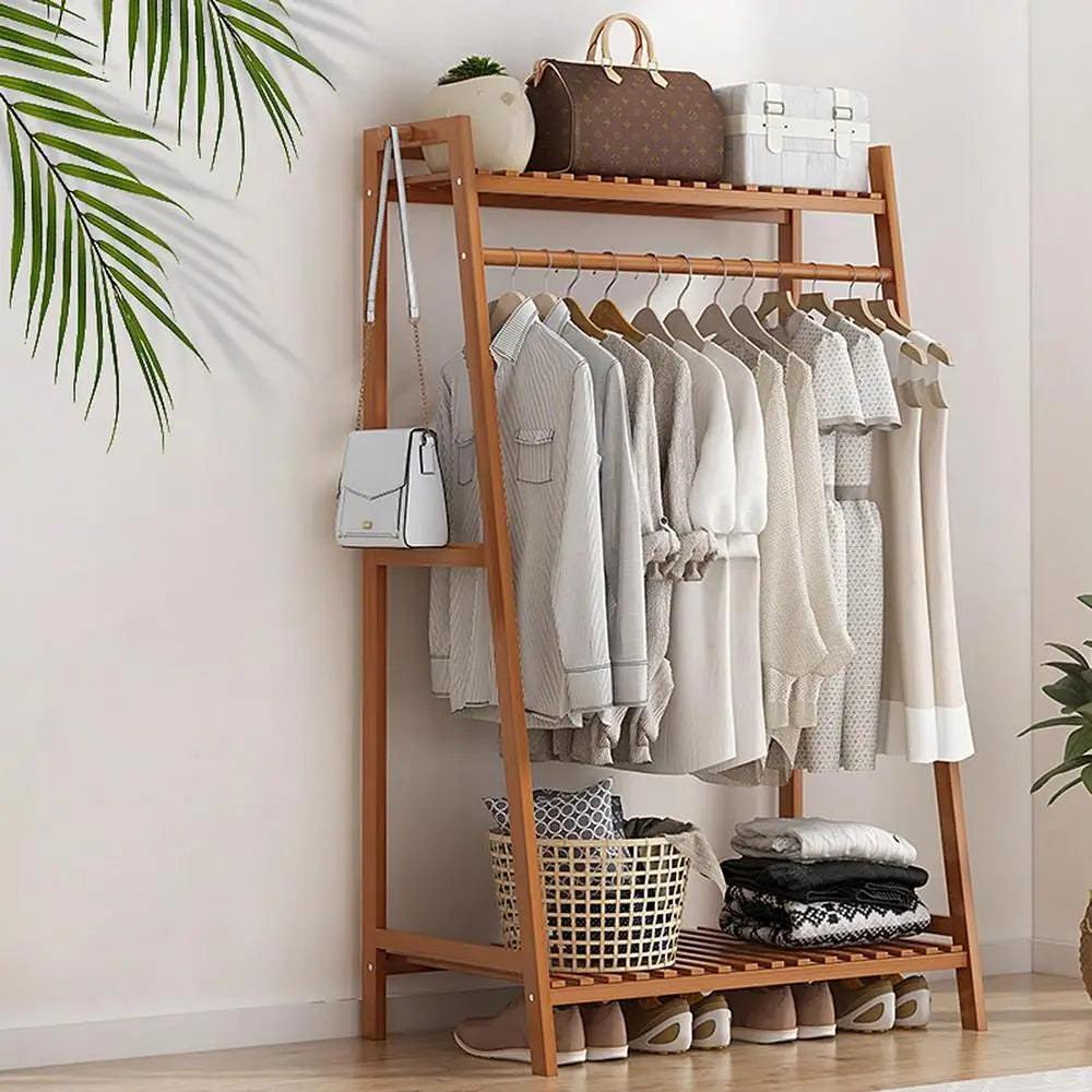 Wooden Garment Coat Clothes Hanging Heavy Duty Rack with top shelf and 2-tier Shoe Clothing Storage Organizer Shelves