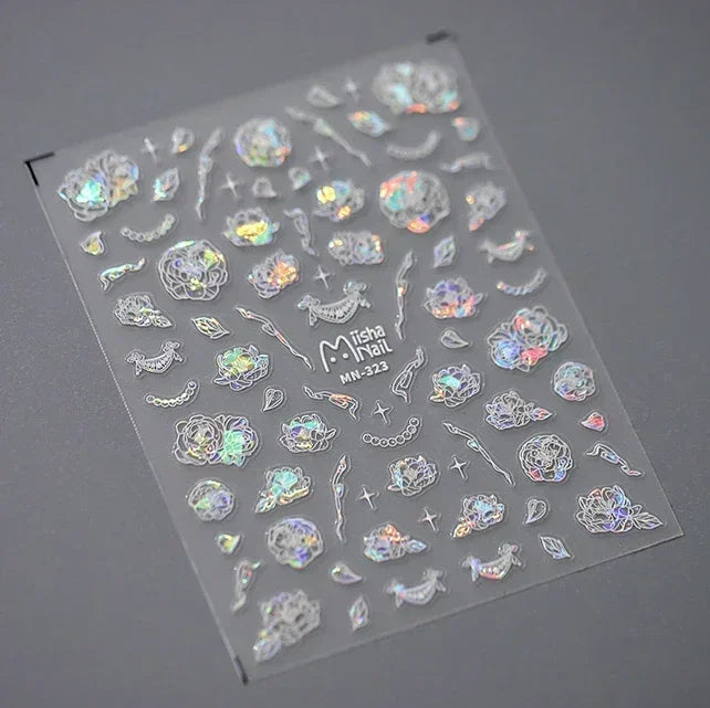 1 piece 5D Spider Web Nail Sticker Cross Silver White Black Glitter Transparent Rhinestone Rose Self-Adhesive Nail Art Sticker