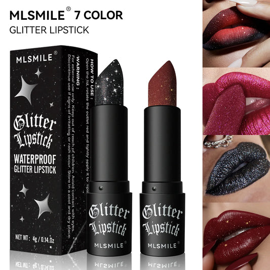 7Colors Glitter Lipstick Waterproof Long Lasting Diamond Pearlescent Metallic Lipstick Black Lip Gloss Women Lips Makeup Cosmetic