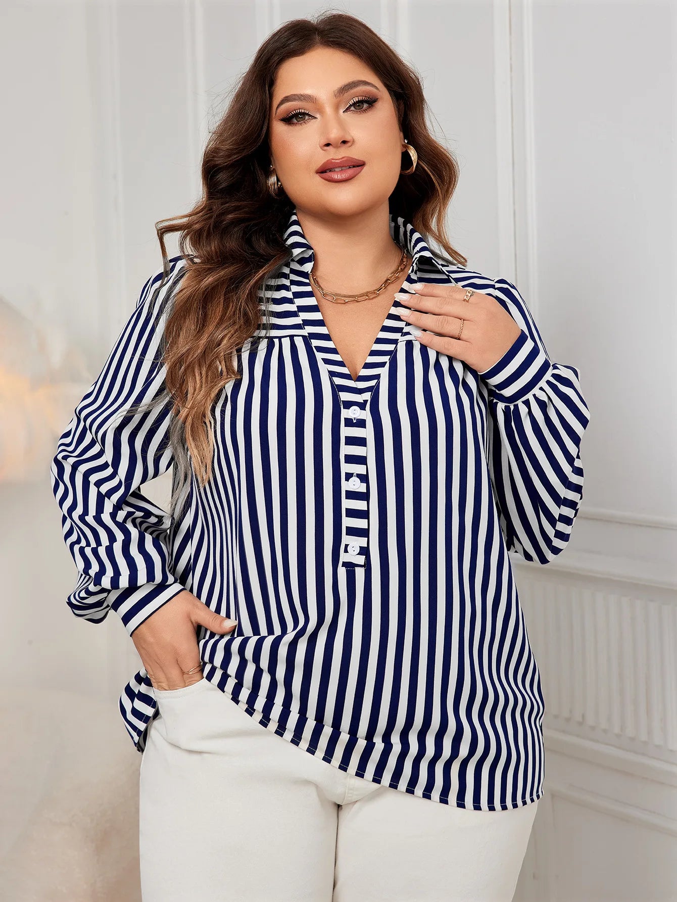 Fairyshely Spring Woman Stripe Print Plus Size Shirt Lady Long Sleeve Large T-shirt Autumn Elegant Loose Curvy Pullover Tops