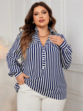 Fairyshely Spring Woman Stripe Print Plus Size Shirt Lady Long Sleeve Large T-shirt Autumn Elegant Loose Curvy Pullover Tops