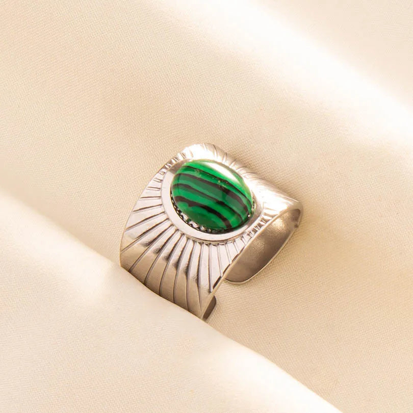 1pc Green Turquoise Ring Hippie Stainless Steel Silver Color Charm Opening Adjustable Ring Women Chunky Bohemian Party Jewelry
