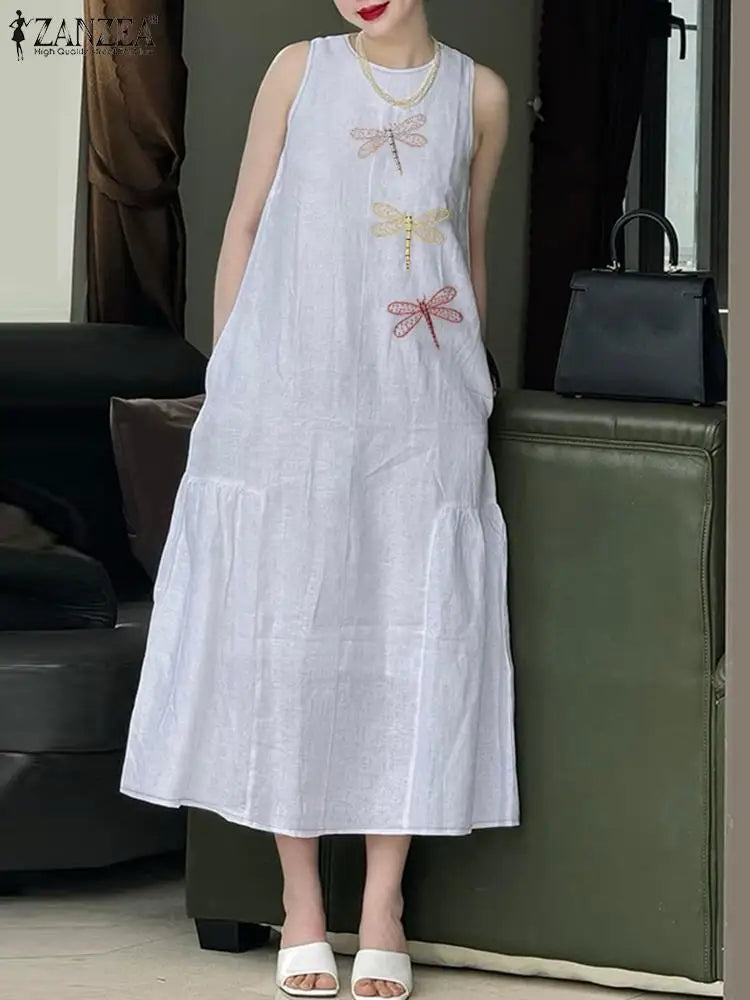 ZANZEA Women Casual Holiday Dragonfly Embroidery Midi Dress Summer Fashion O Neck Sleeveless A-line Dresses Ruffled Hem Robes