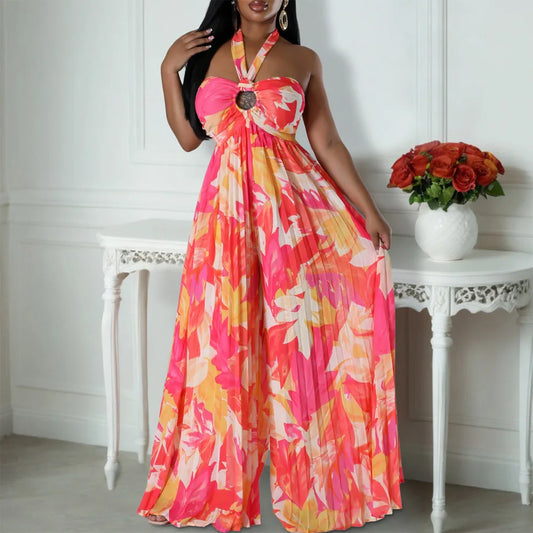 Monos sexis para mujer, novedad de 2024, plisados, cuello Halter, sin mangas, espalda descubierta, cintura alta, largo hasta el suelo, trajes para cena y fiesta de cumpleaños, oferta