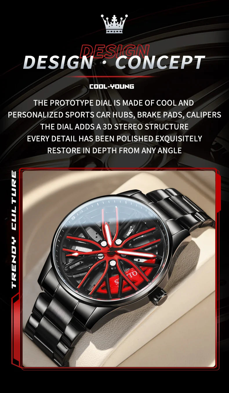 Reloj de lujo OLEVS Wheel para hombre, resistente al agua, con llanta giratoria deportiva, de cuarzo, de alta calidad y a la moda, el más vendido.