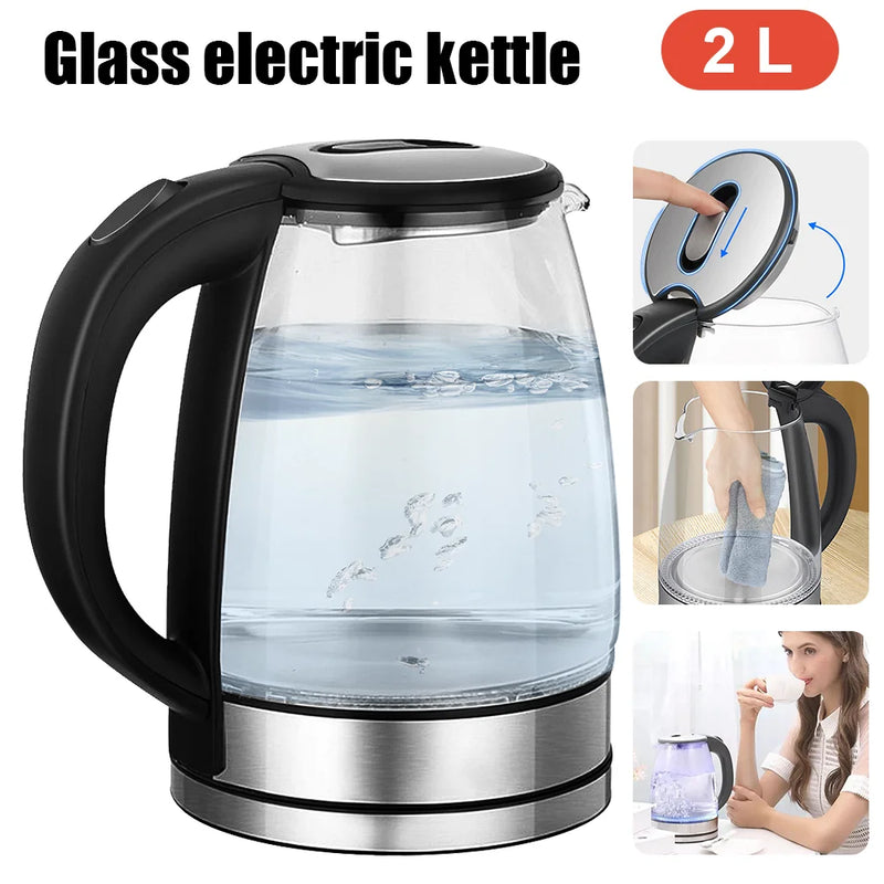 2L Larger Capacity Electric Kettle 220V Glass Tea Kettle Home Kitchen Water Heater 1500-1800W EU/UK Plug Water Boiler