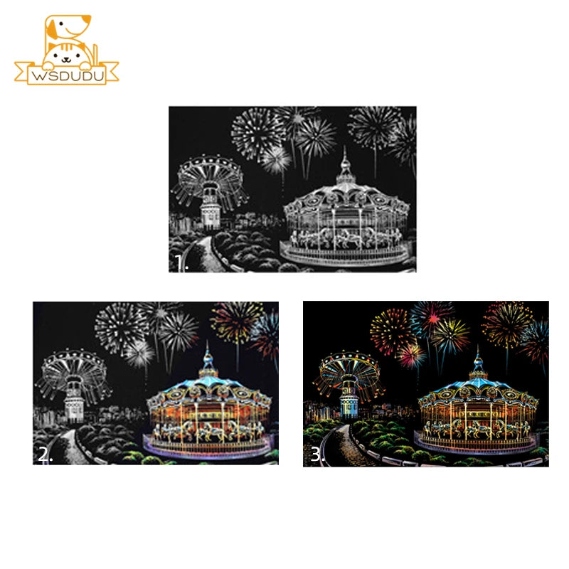 Scratch Art Paper Set 2 Sheets World Landmark Night Scene with Stylus DIY Crafts Stress Relief Creative Painting Adult Kids Gift