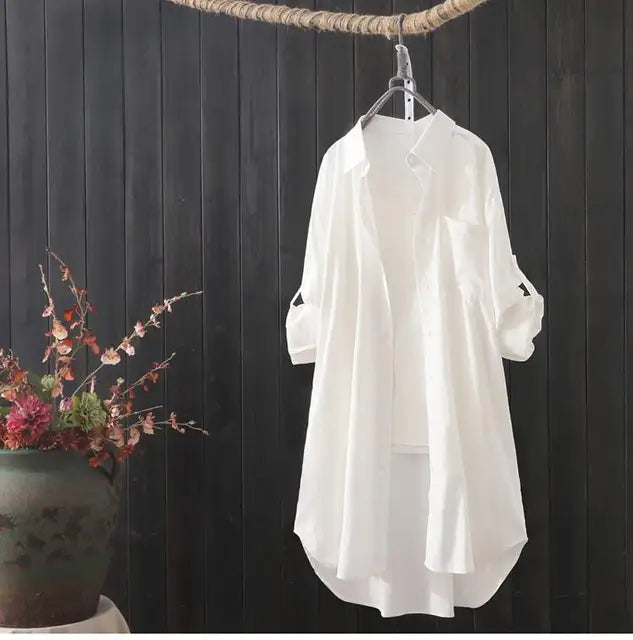 Camisa y blusa midi holgada y transpirable para mujer, primavera y verano 2023, camisas largas sencillas, color blanco liso, moda coreana 