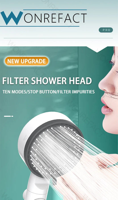 10 Mode Filter Shower Head Adjustable High Pressure Water Saving Shower One-click Water Stop Skin Care Shower Head Universal