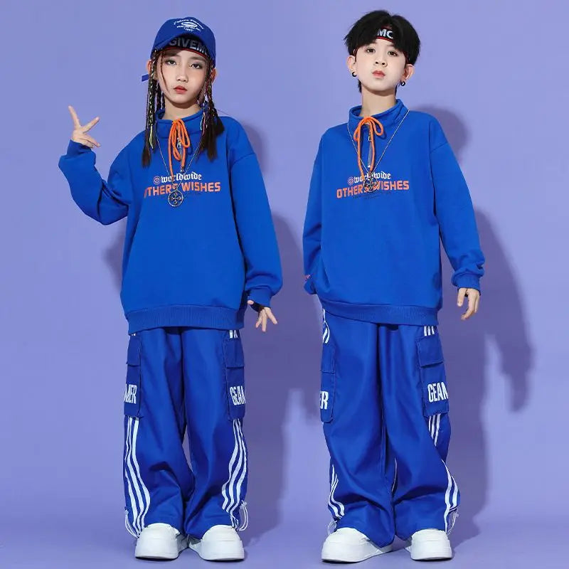 Boys Hip Hop Pullover Street Dance Cargo Pants Girls High Collar Sweatshirt Outfits Kids Jazz Sport Clothes Set Child Streetwear