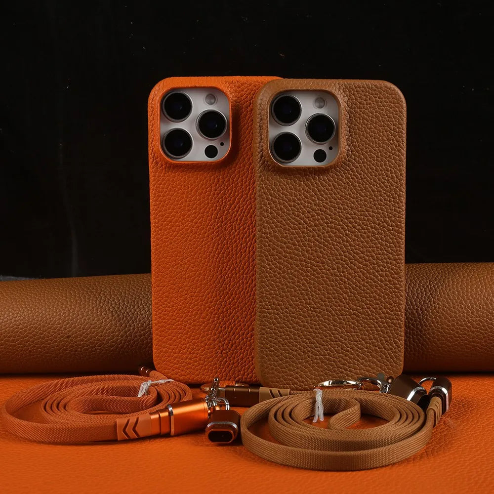 Funda de piel auténtica personalizable con cordón de carga para iPhone 16 Pro Max, 15, 14, 13, 12 y 11, con funda magnética.