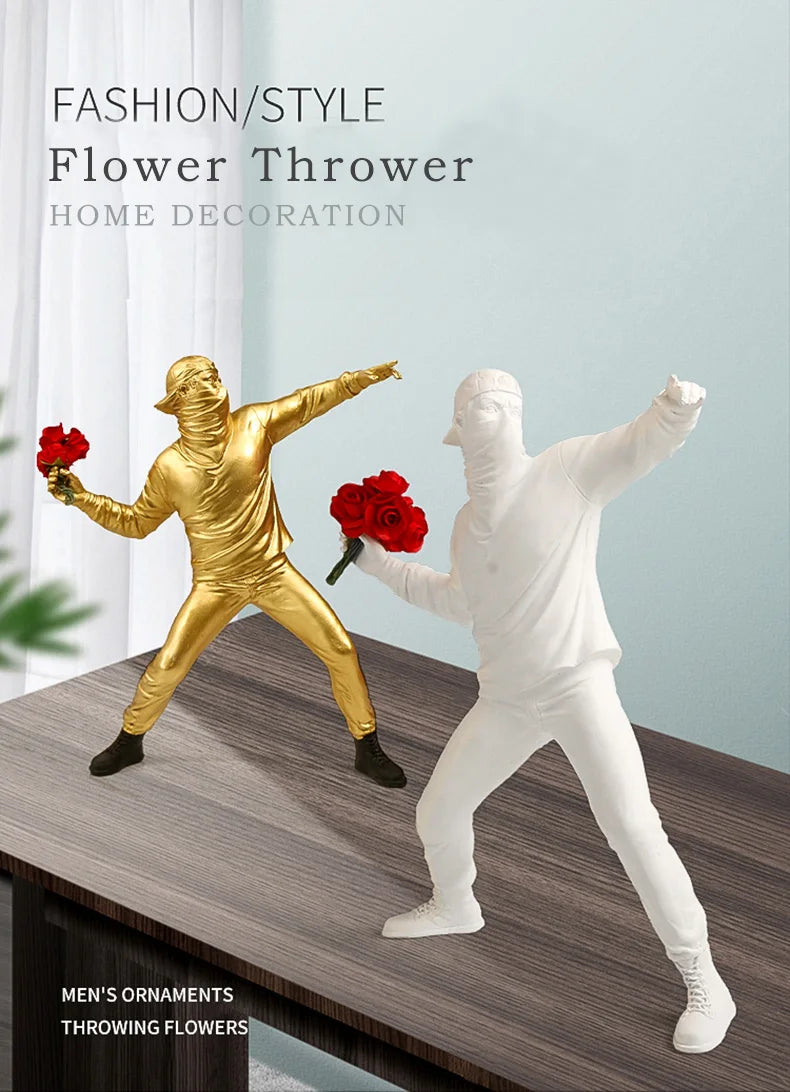 Resin Statues Sculptures Banksy Flower Thrower Statue Bomber Home Decoration Accessories Modern Ornaments Figurine Collectible