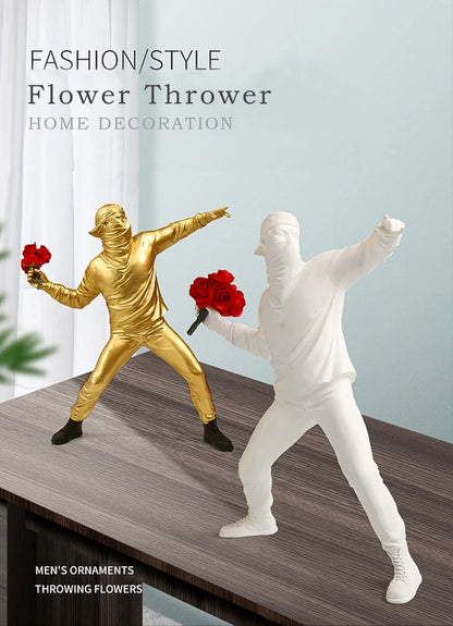 Resin Statues Sculptures Banksy Flower Thrower Statue Bomber Home Decoration Accessories Modern Ornaments Figurine Collectible