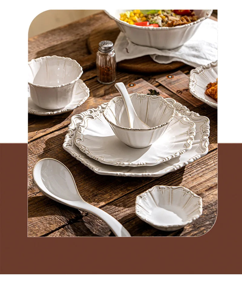 Elegant Classical Plate French Retro Ceramic Dishes Home Plate Rice Bowl Party Tableware Set White Lace Embossed Dinner Plate