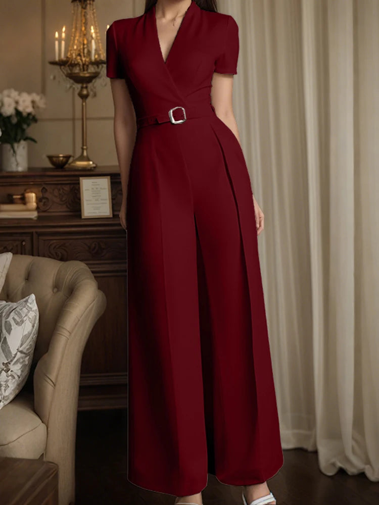 ZANZEA Street Fashion High Waist Jumpsuits Women Workwear Belt Rompers Solid Deep V Neck Elegant Office Lady Long Overalls