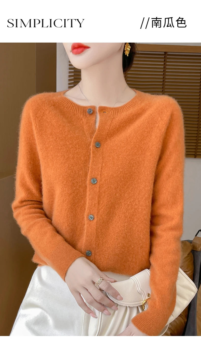 100% Merino Wool Long Sleeve Sweaters Cashmere Cardigan Spring Autumn Women O-Neck Knitwear Tops Clothing Fashion Basic Tops