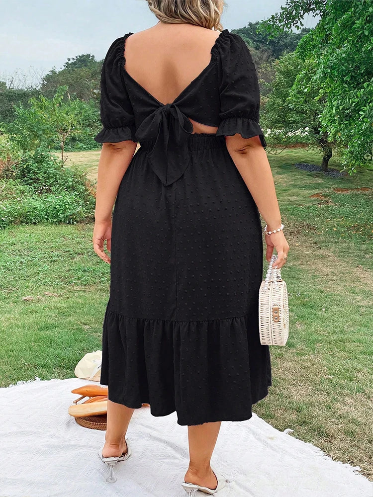 Plus Size Women's Pure Color Wrap Ruffle Hem Midi Dress Square Neck Backless Short Sleeve Dress Elegant temperament