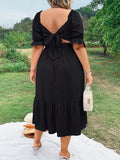 Plus Size Women's Pure Color Wrap Ruffle Hem Midi Dress Square Neck Backless Short Sleeve Dress Elegant temperament