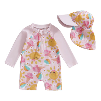 Trajes de baño de verano para niñas y niños pequeños, de manga larga, con estampado floral/tropical, con cremallera y sombrero.
