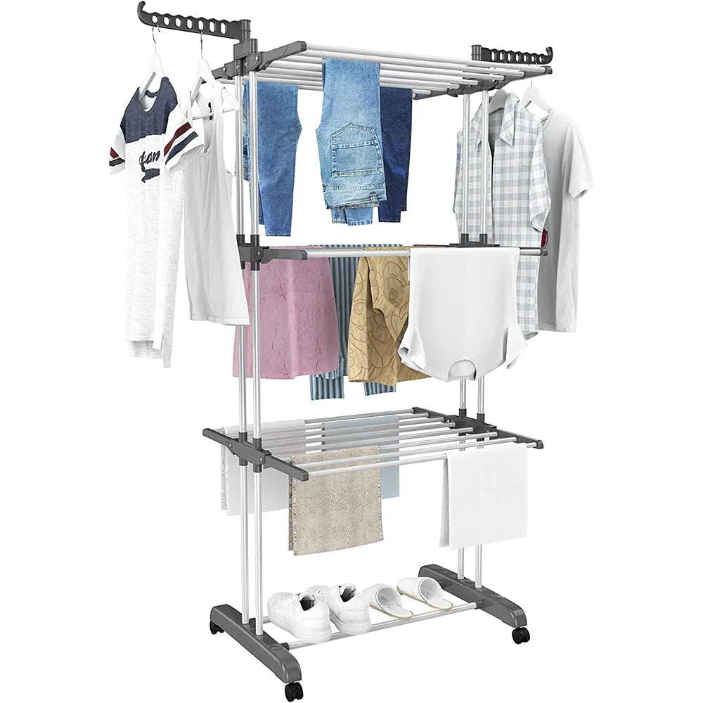 [EU Stock] Drying Rack Clothes Rack Clothes Storage Shelf Folding Rack Floor-Standing Coat Shelf Bedroom Hanging Rack
