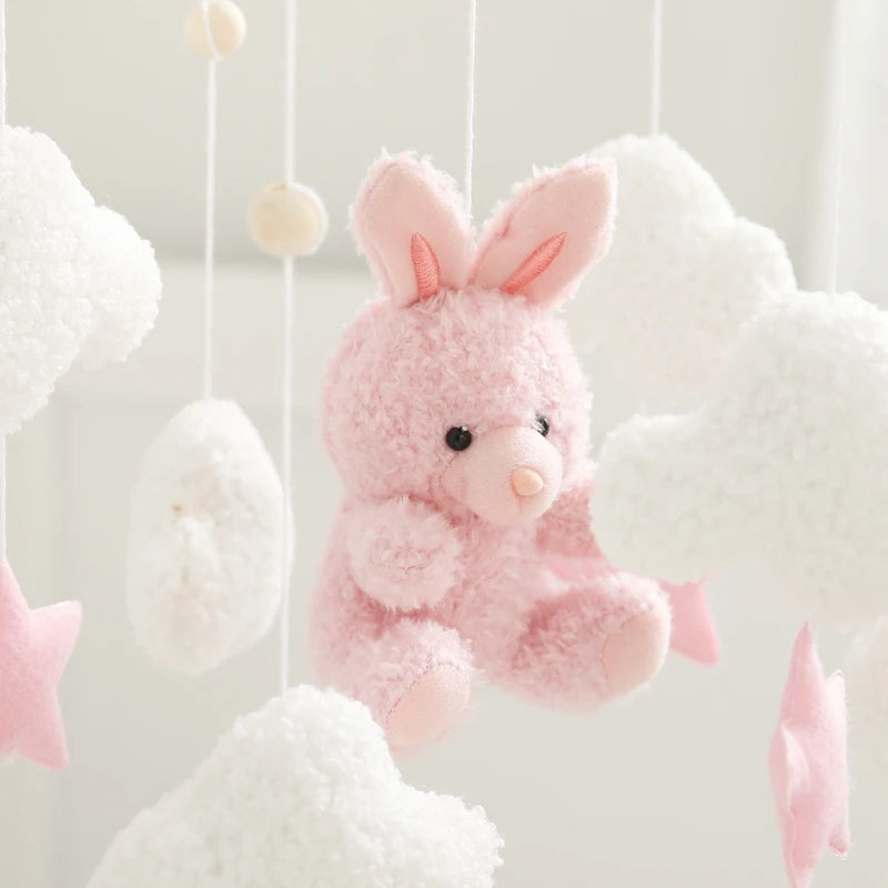 Baby Crib Mobile Rattle Toy Wooden Bed Bell Mobile Hanging Teddy Velvet Bear Doll Toy Newborn Music Box Crib Mobile Bracket Gift