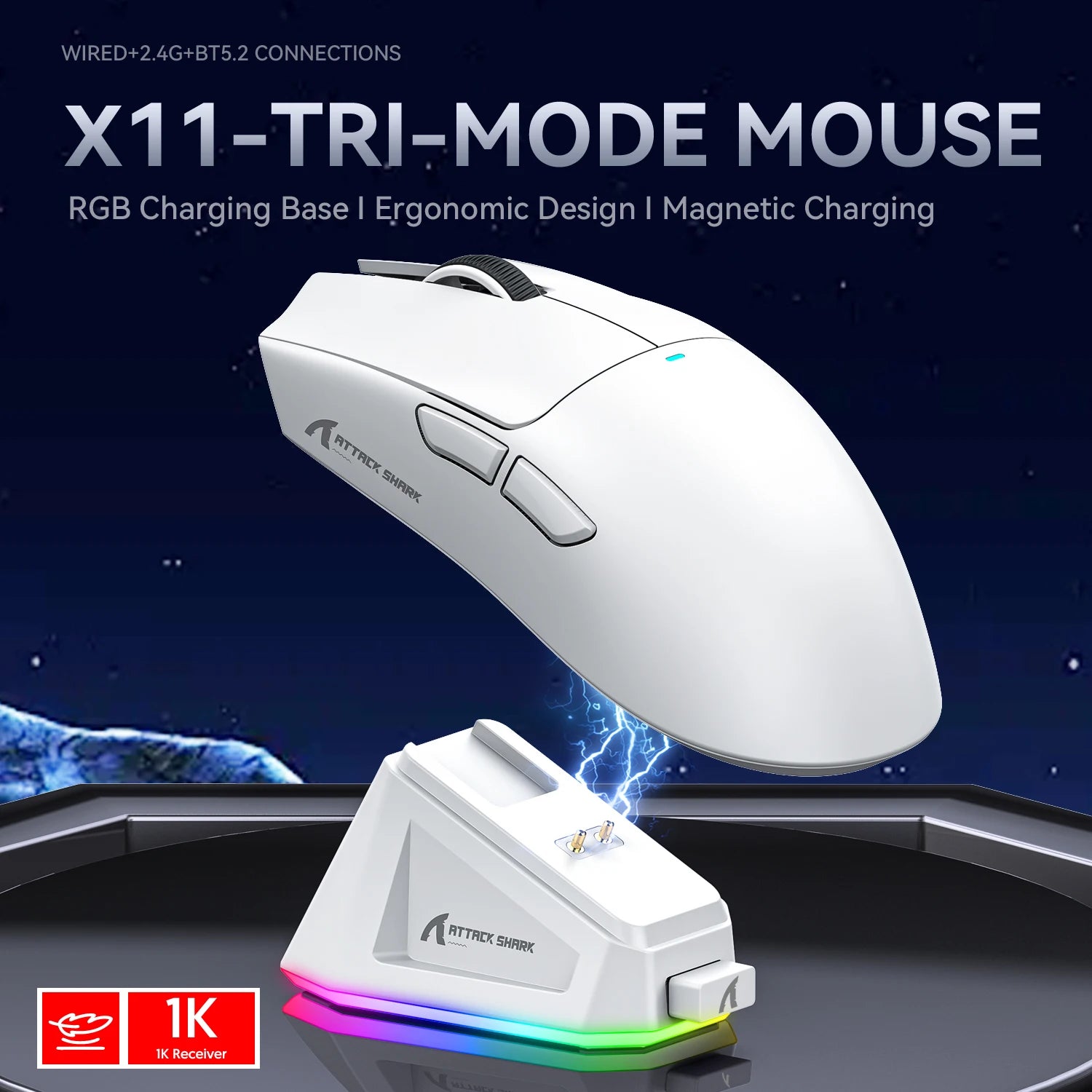 Attack Shark X11 Wireless Mouse Paw3311 22000DPI Buletooth Three Mode Rgb Charging Dock Lightweight Game E-Sports Mouse Laptop