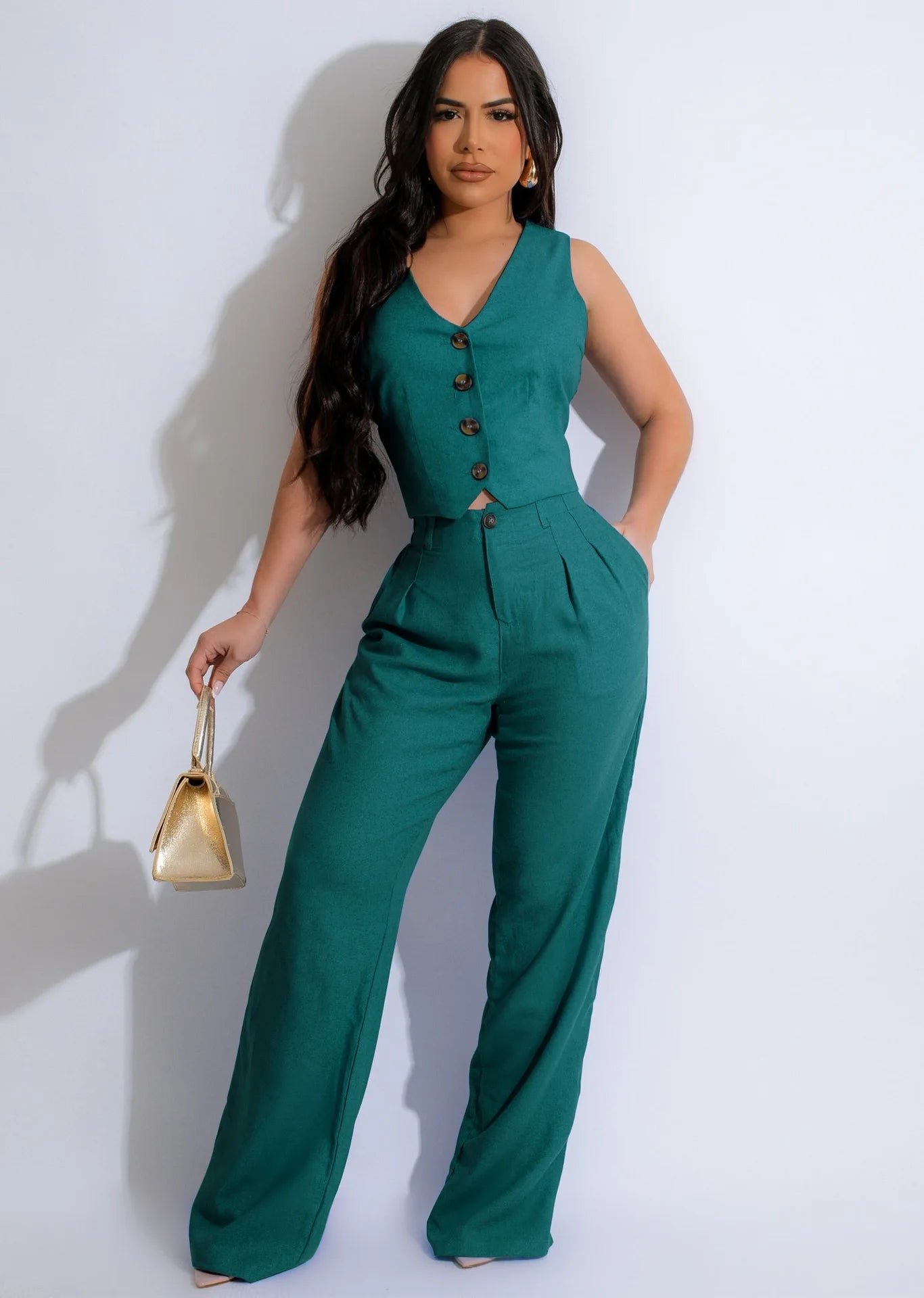 Fashion Sleeveless Vest Pants Women's Solid Color Suit Spring Summer V-Neck Ultra Short Top + Slim Pants Female Office 2 Piece Set