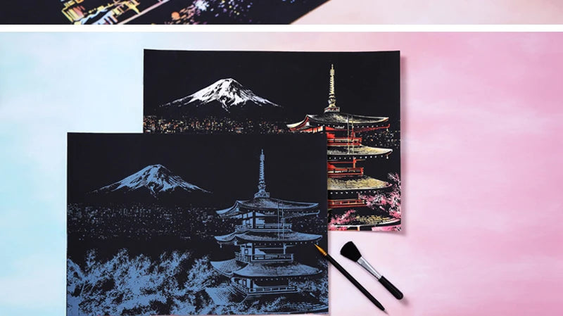 Scratch Art Paper Set 2 Sheets World Landmark Night Scene with Stylus DIY Crafts Stress Relief Creative Painting Adult Kids Gift